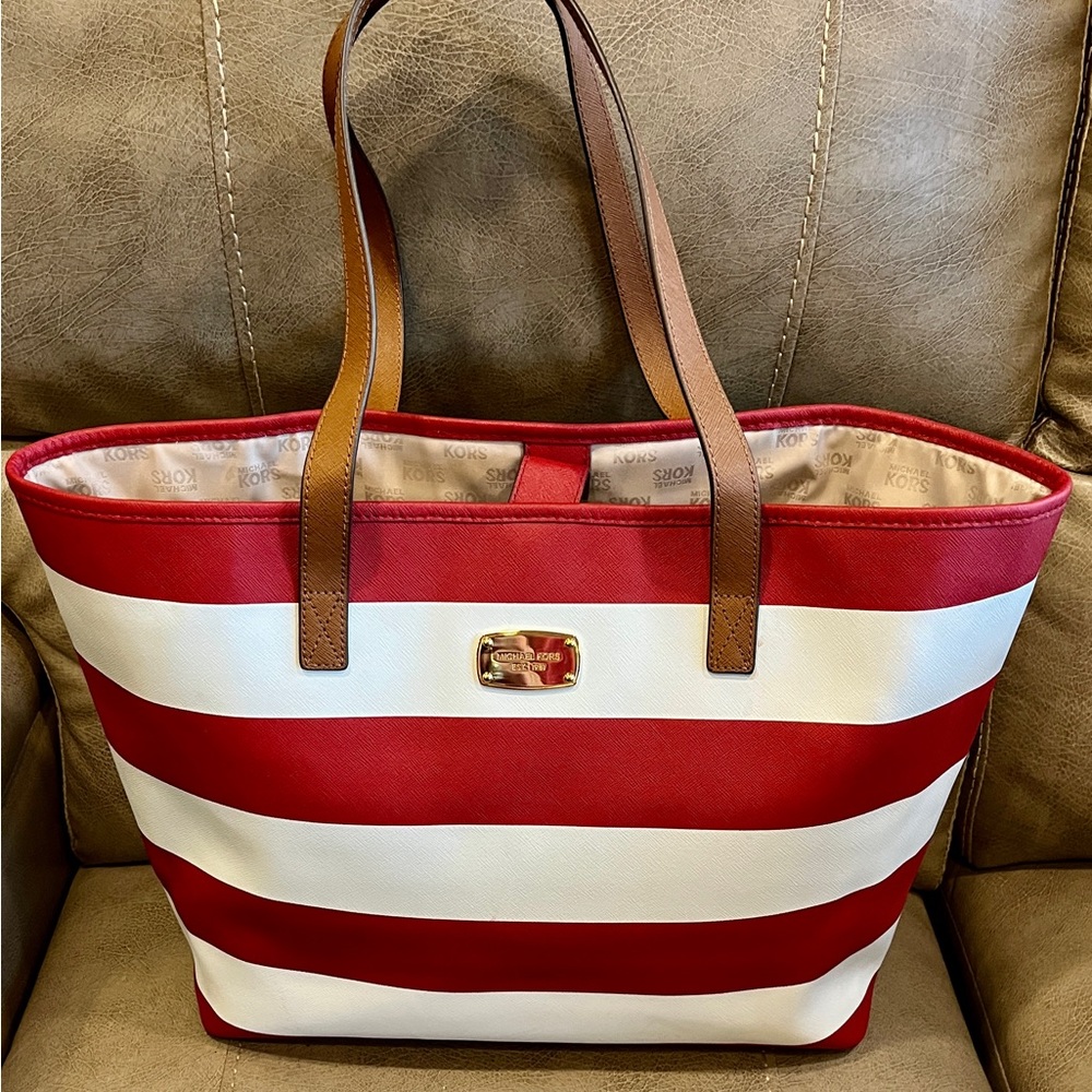 Michael Kors Red & White Striped Tote Mint Condition! Ships Free!!
